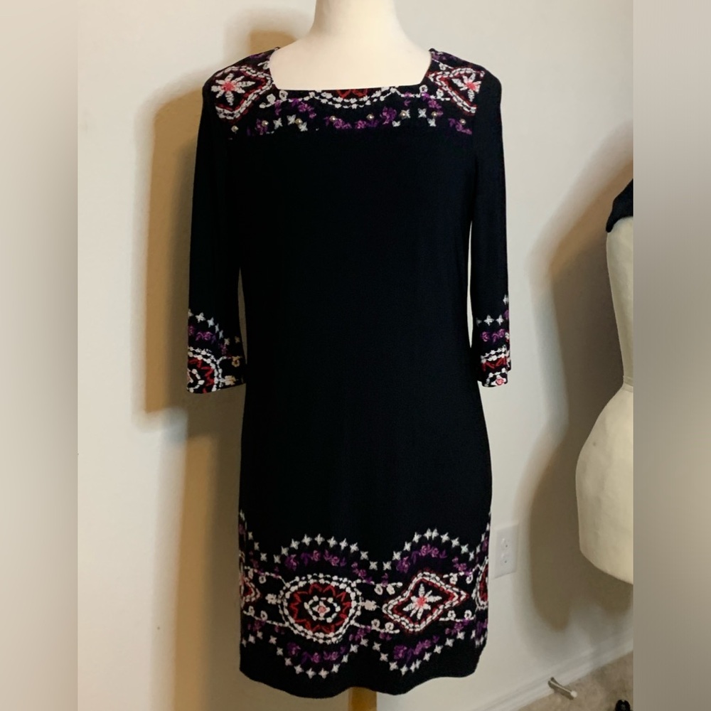 Kim Rogers Dress black with white red purple print silver accent bead PL 21” PTP